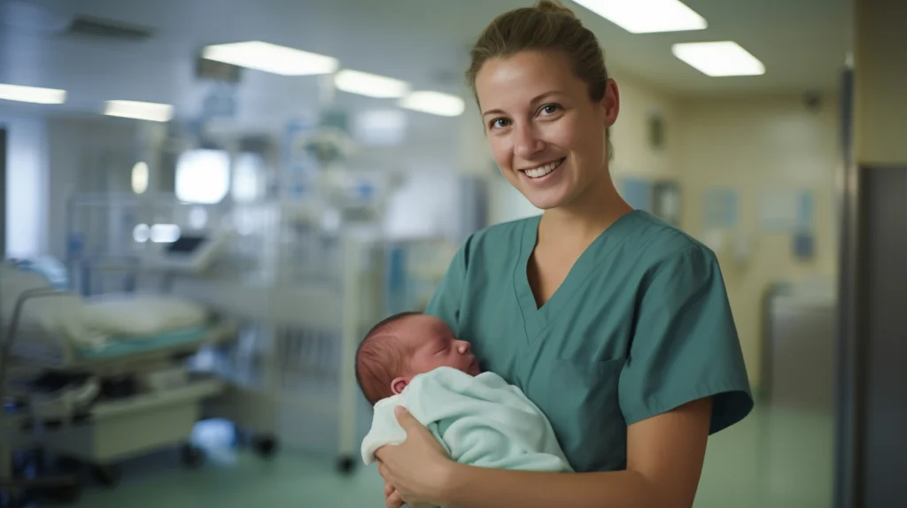 portrait-working-nurse-holding-newborn-baby